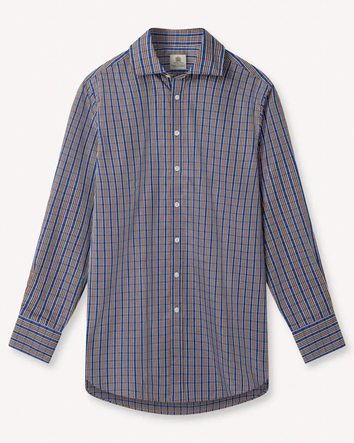Bernard Weatherill Check Semi-Cutaway Poplin Shirt Blue Brown-MALFORD OF LONDON SAVILE ROW MENSWEAR OUTLET