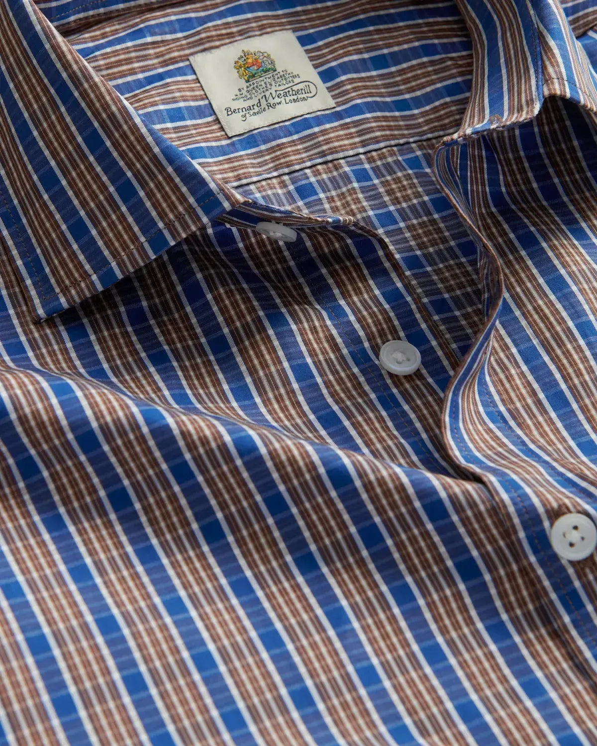 Bernard Weatherill Check Semi-Cutaway Poplin Shirt Blue Brown-MALFORD OF LONDON SAVILE ROW MENSWEAR OUTLET