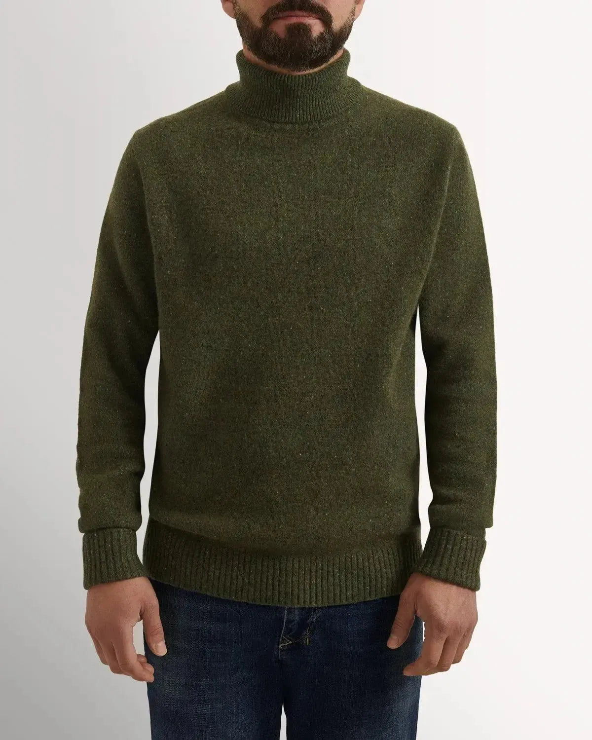 Bernard Weatherill Plain Roll Neck Melange Tweed Thyme Flec-MALFORD OF LONDON SAVILE ROW MENSWEAR OUTLET