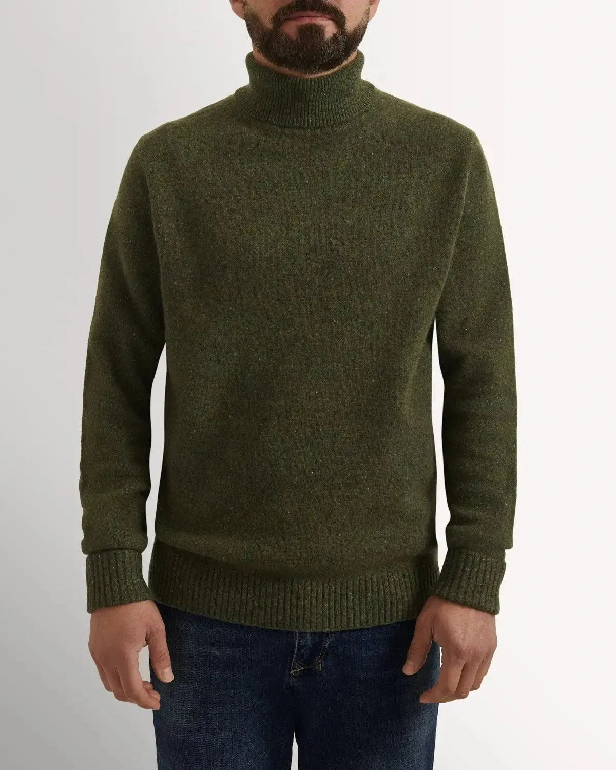 Bernard Weatherill Plain Roll Neck Melange Tweed Thyme Flec - Savile Row Formalwear Outlet - Malford of London