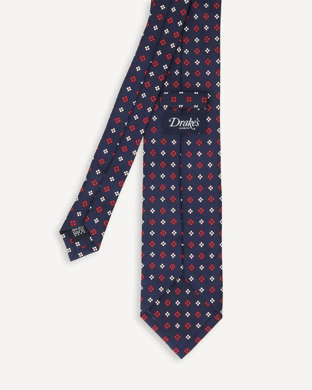 Drake's Geo Metric Floral Silk Tie Navy Red-MALFORD OF LONDON SAVILE ROW MENSWEAR OUTLET