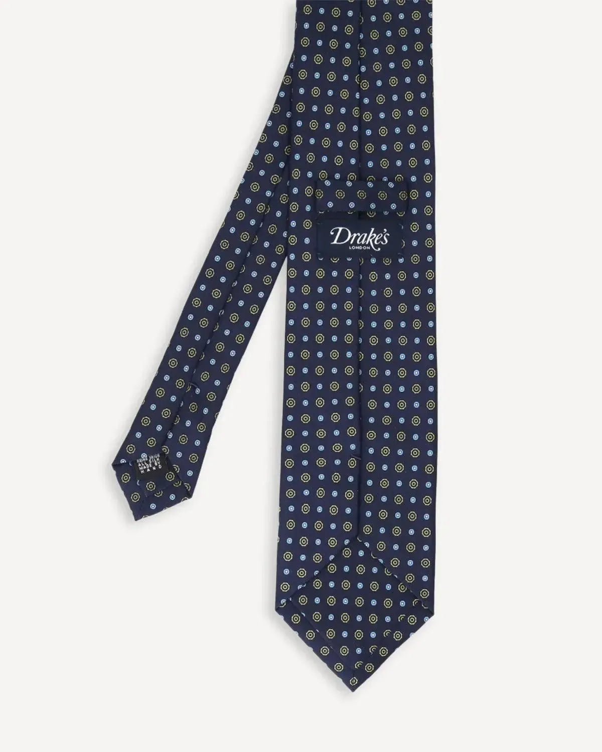 Drake's Geometric Circle Silk Tie Navy Sky Yellow-MALFORD OF LONDON SAVILE ROW MENSWEAR OUTLET