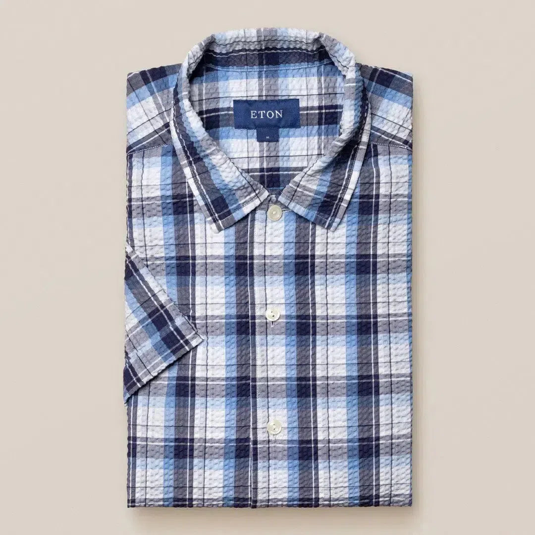Eton Classic Fit Check Short Sleeve Shirt Mid Blue-MALFORD OF LONDON SAVILE ROW MENSWEAR OUTLET