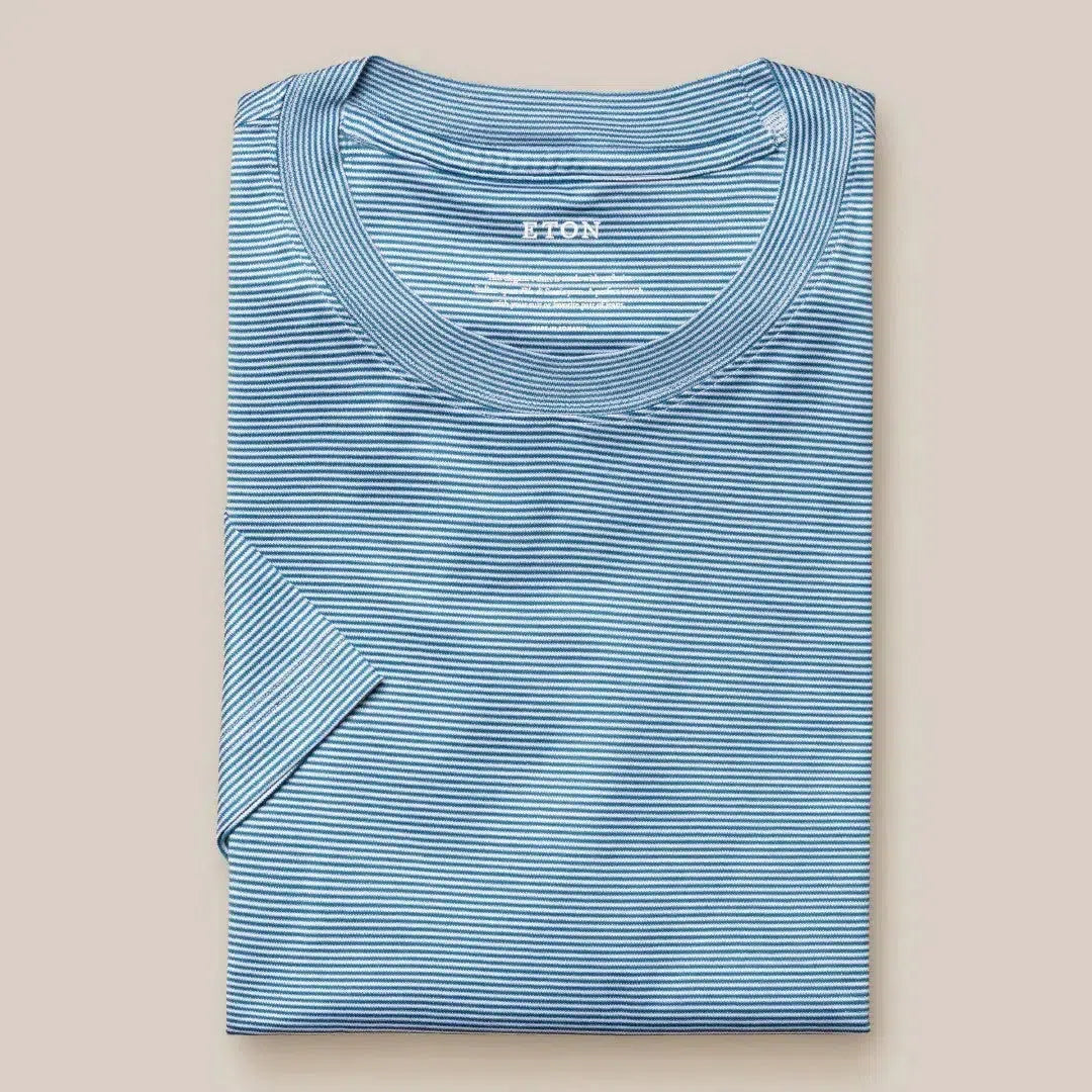Eton Crew Neck Striped T-shirt Mid Blue-MALFORD OF LONDON SAVILE ROW MENSWEAR OUTLET