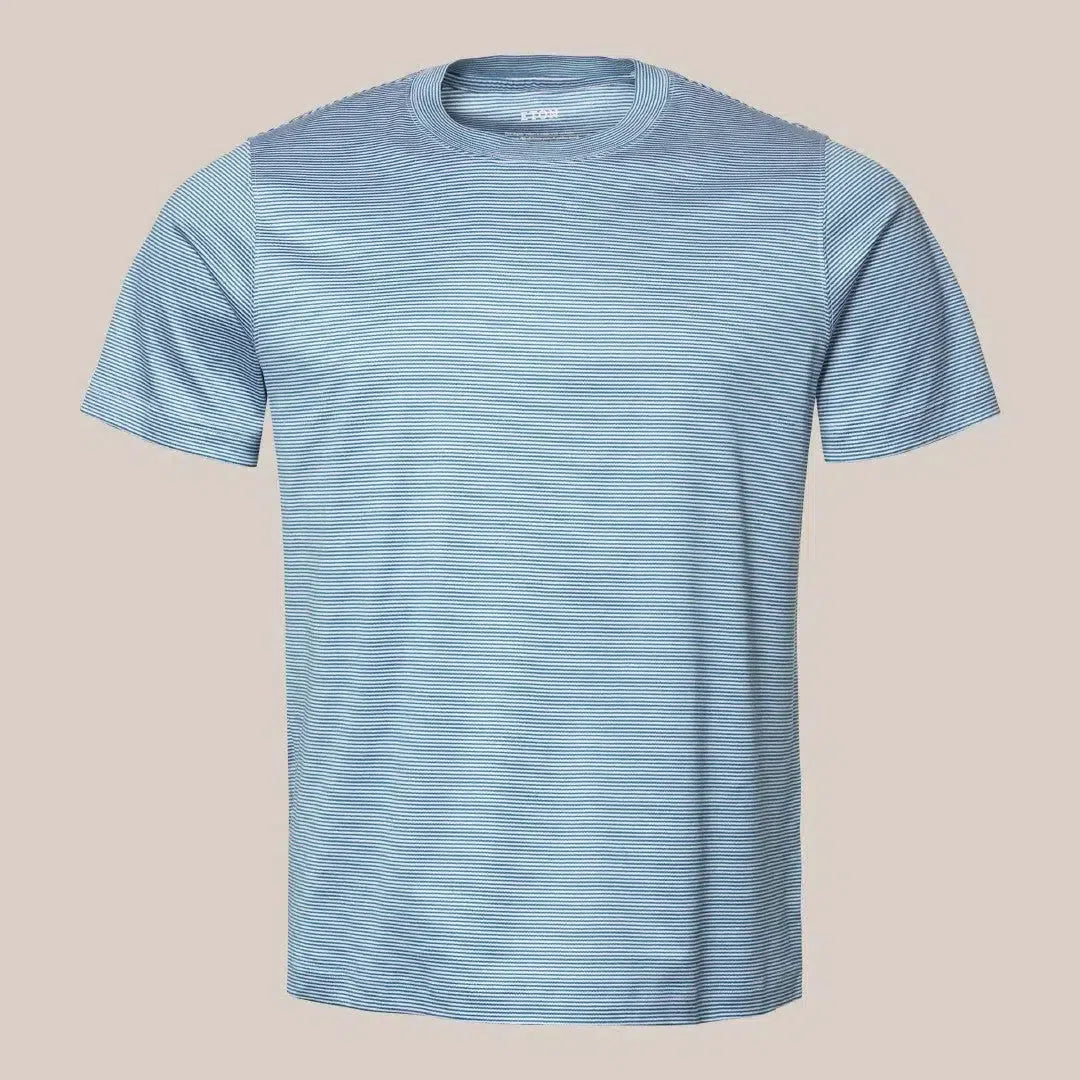 Eton Crew Neck Striped T-shirt Mid Blue-MALFORD OF LONDON SAVILE ROW MENSWEAR OUTLET