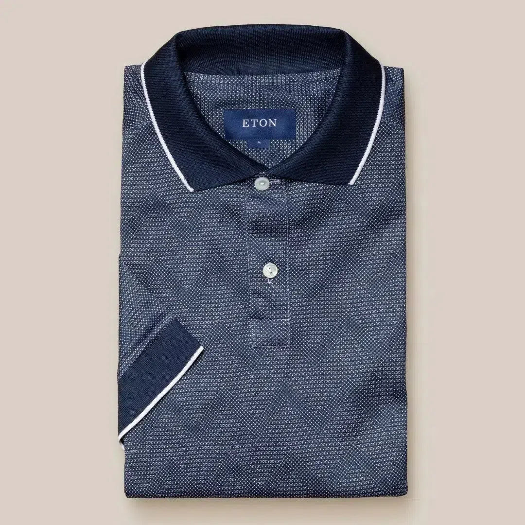 Eton Regular Fit Zig-Zag Weave Polo Shirt Dark Blue/White-MALFORD OF LONDON SAVILE ROW MENSWEAR OUTLET
