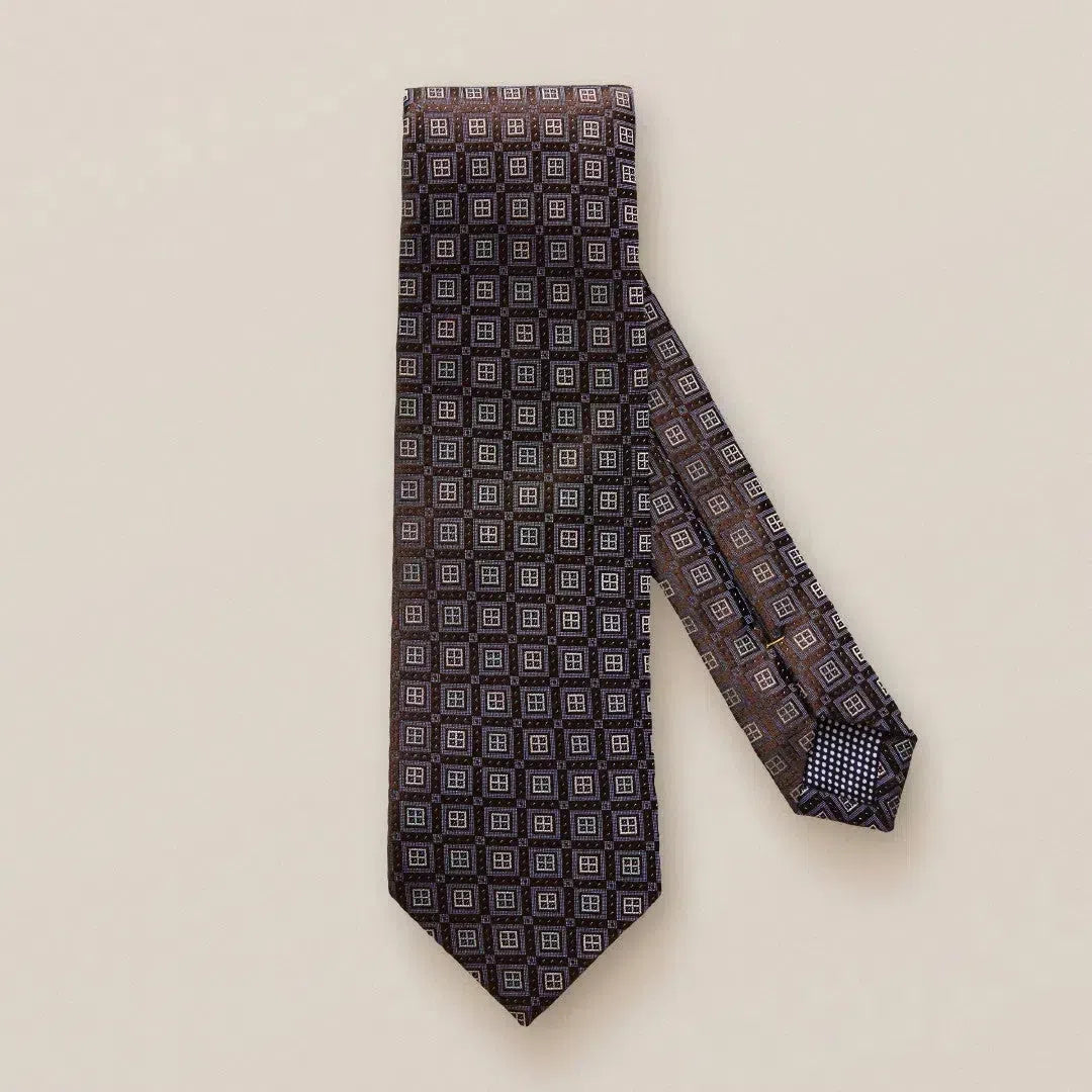 Eton Silk Square Tile Patterned Tie Brown-MALFORD OF LONDON SAVILE ROW MENSWEAR OUTLET