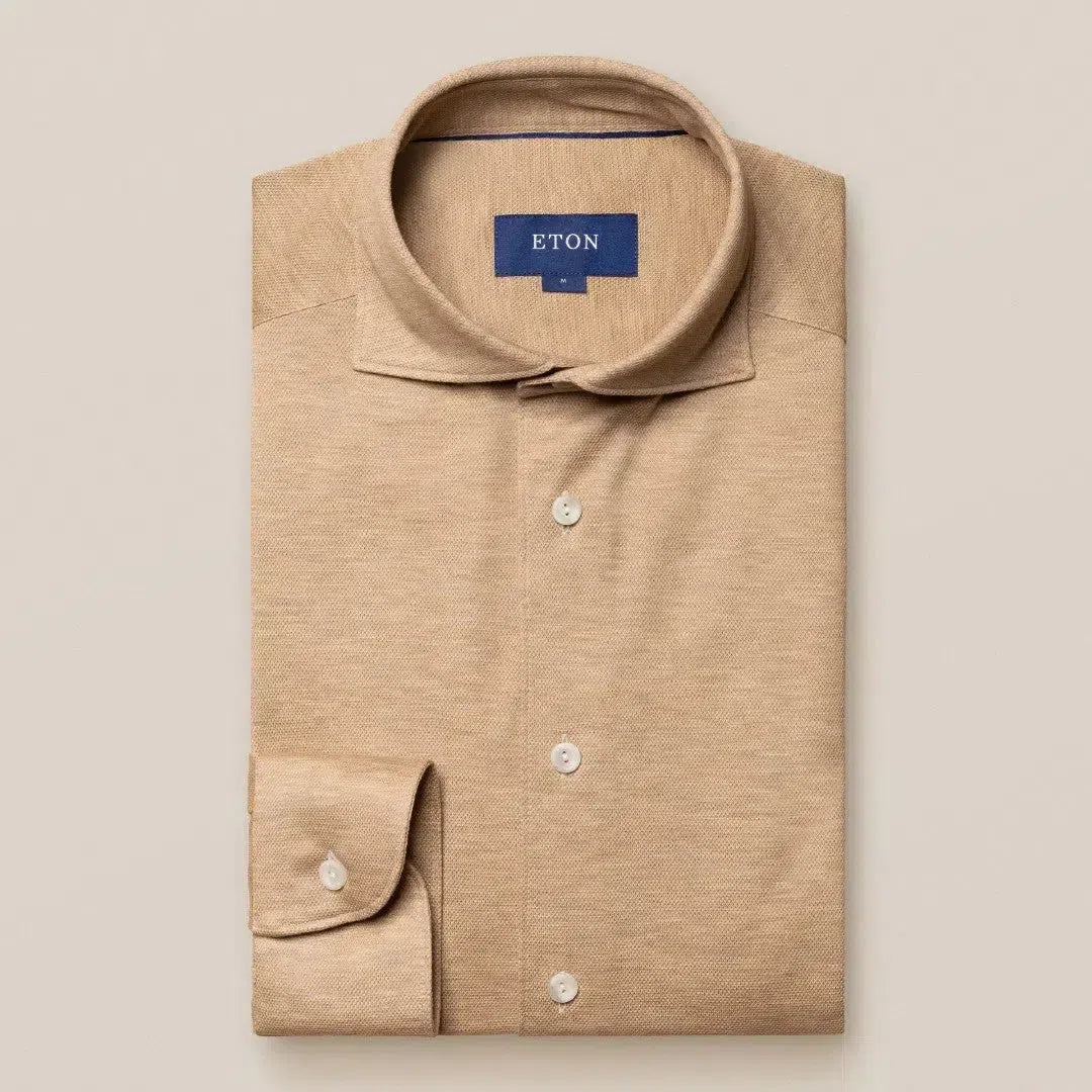 Eton Slim Fit Knitted Melange Shirt Beige-MALFORD OF LONDON SAVILE ROW MENSWEAR OUTLET