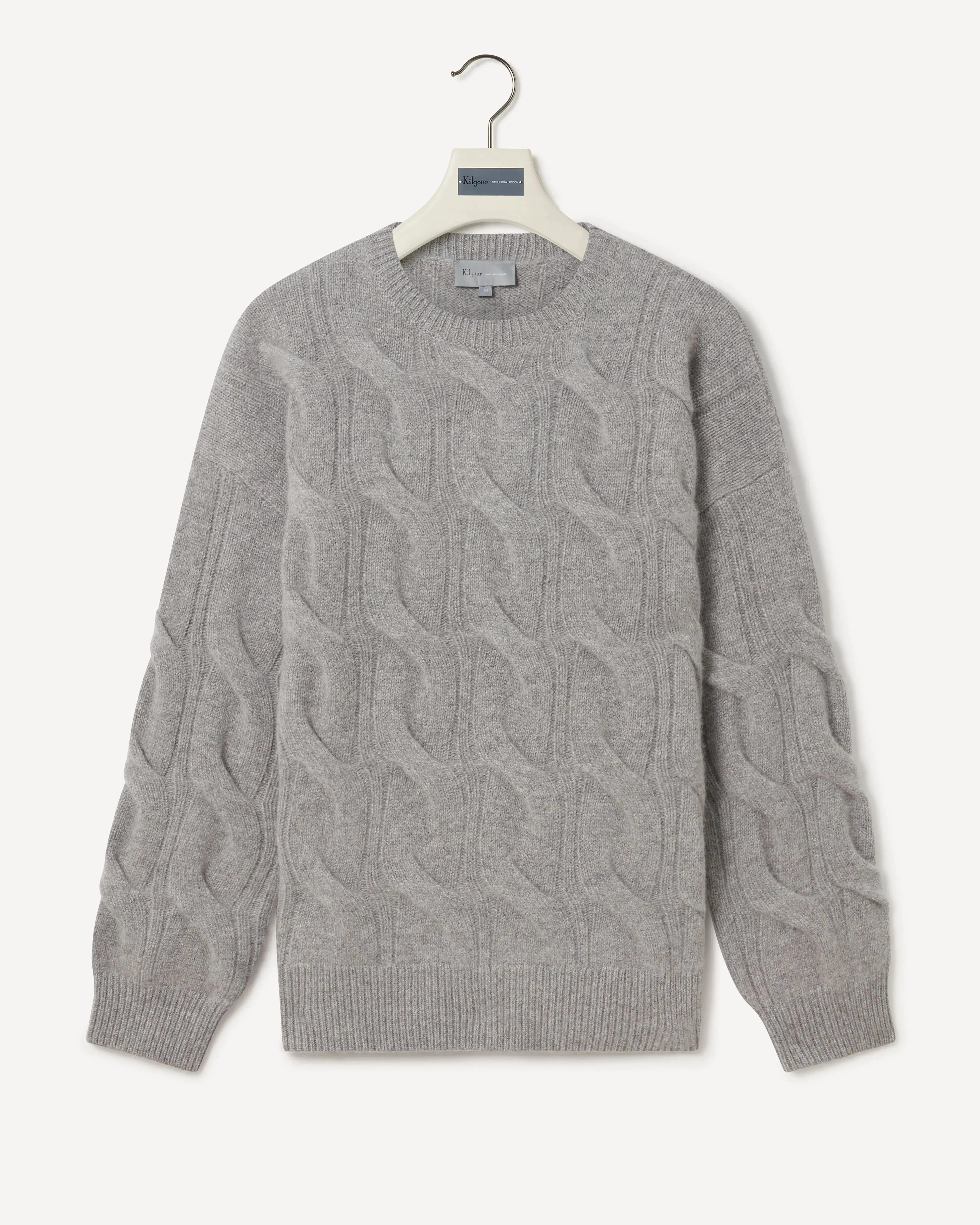 Kilgour Large Oversized Cashmere Cable Knit Crew LT GREY-MALFORD OF LONDON SAVILE ROW MENSWEAR OUTLET