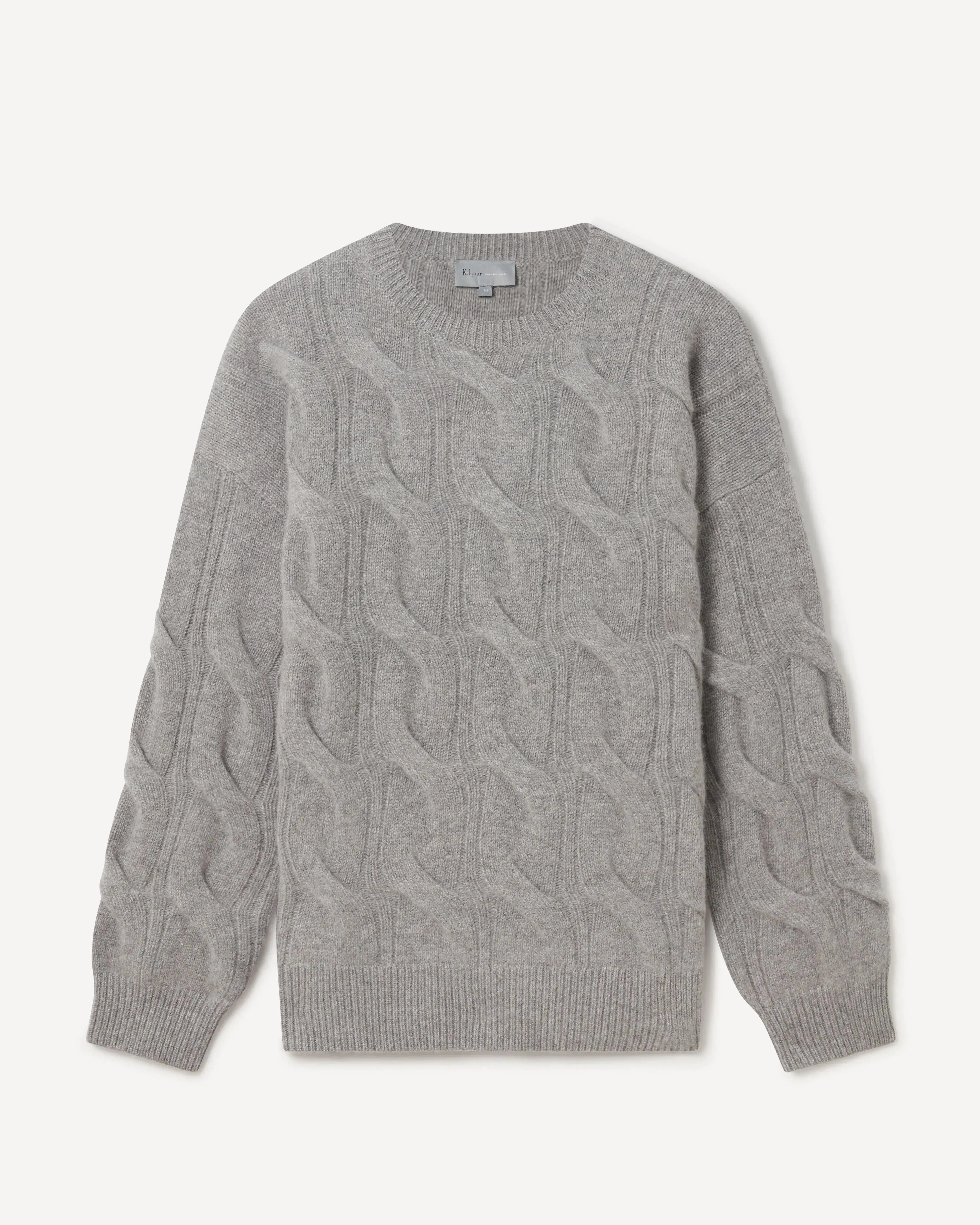 Kilgour Large Oversized Cashmere Cable Knit Crew LT GREY-MALFORD OF LONDON SAVILE ROW MENSWEAR OUTLET