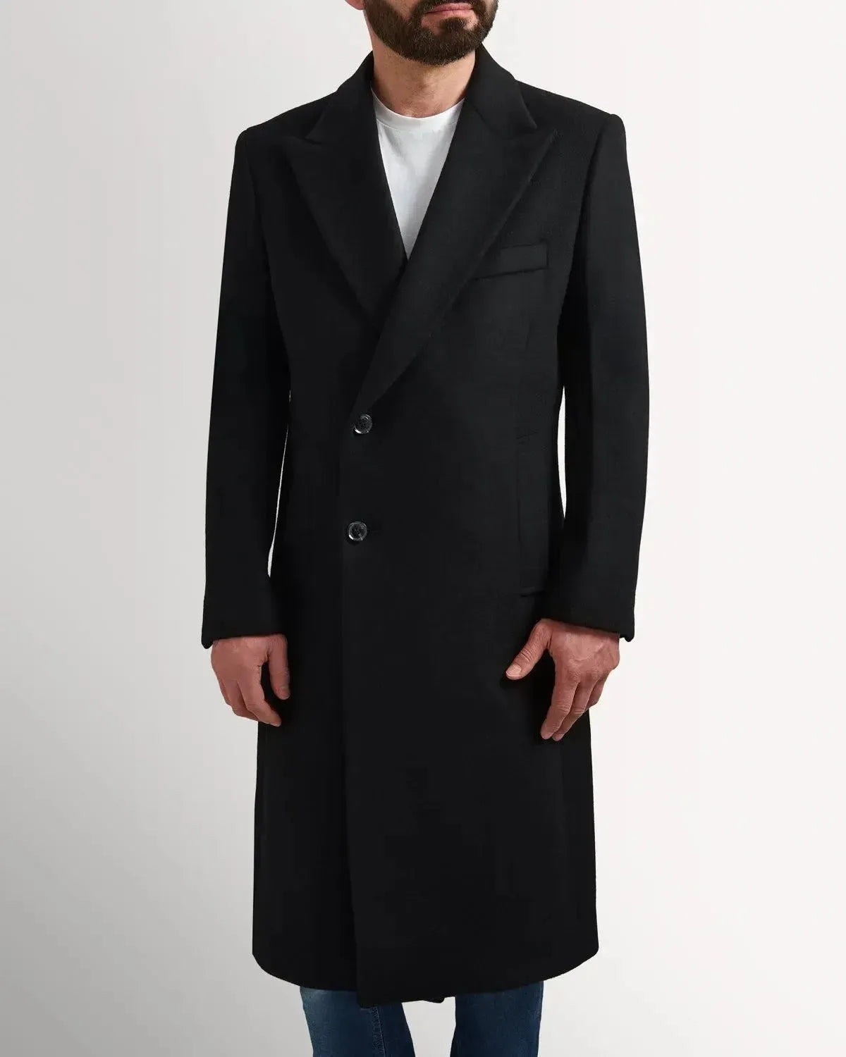 Kilgour Wool Cashmere Peak Lapel Overcoat-Black-MALFORD OF LONDON SAVILE ROW MENSWEAR OUTLET