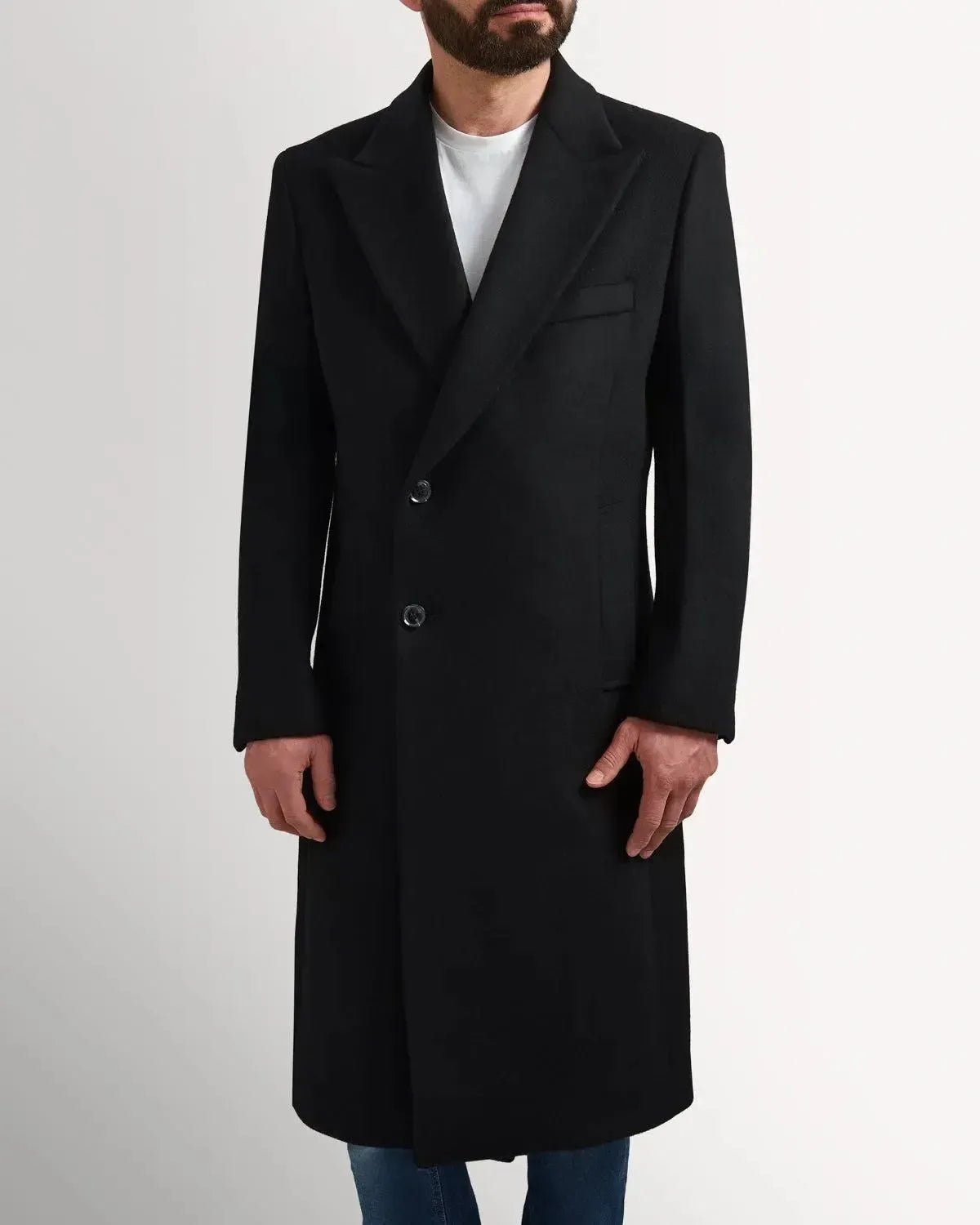Kilgour Wool Cashmere Peak Lapel Overcoat - Black - Savile Row Formalwear Outlet - Malford of London