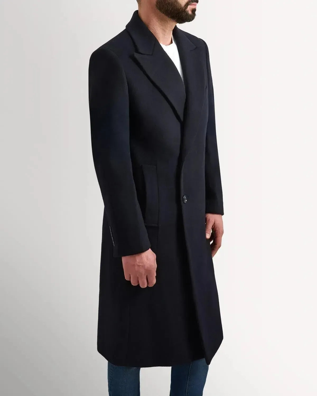 Kilgour Wool Cashmere Peak Lapel Overcoat-NAVY-MALFORD OF LONDON SAVILE ROW MENSWEAR OUTLET