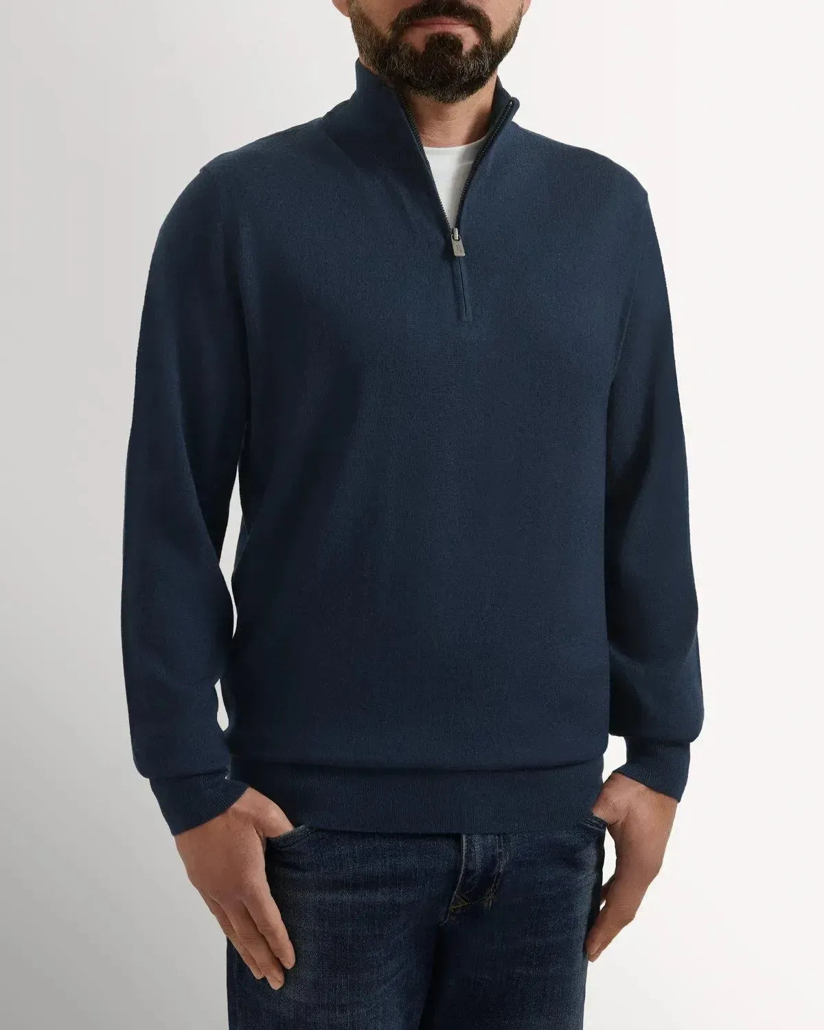 Richard James 1/4 Zip Merino Wool Knit Navy-MALFORD OF LONDON SAVILE ROW MENSWEAR OUTLET