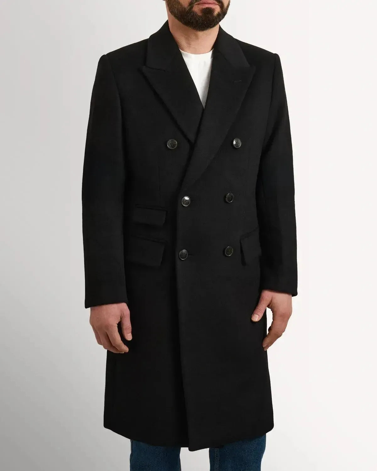 Richard James Wool Cashmere DB Overcoat Black-MALFORD OF LONDON SAVILE ROW MENSWEAR OUTLET