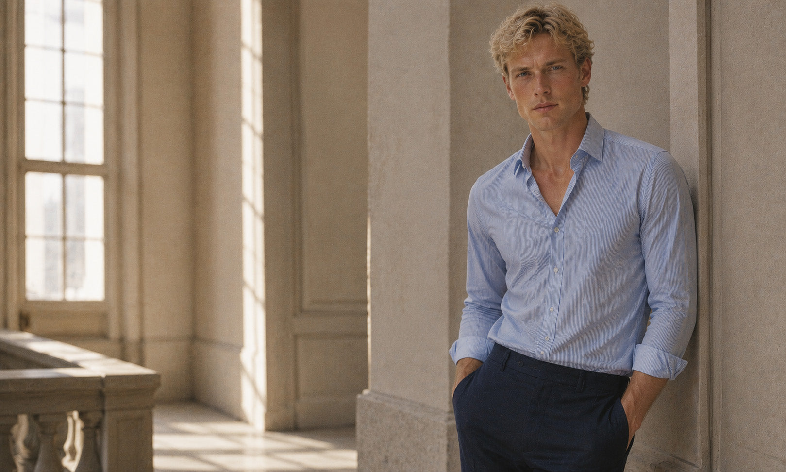 Man in a light blue striped shirt standing beside tall arched windows, shop Shirts at Malford of London