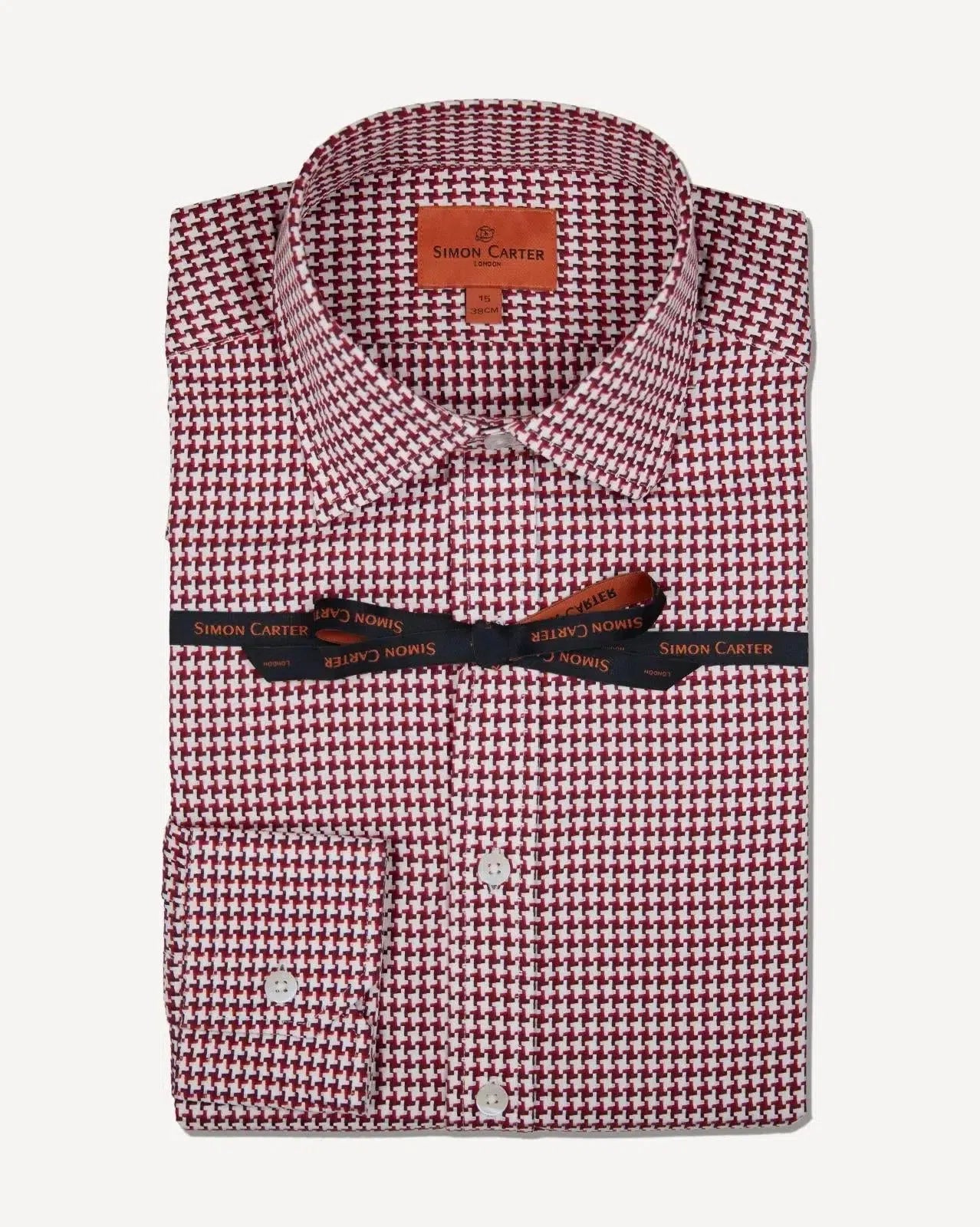 Simon Carter Tailored Fit Houndstooth Shirt Red/White-MALFORD OF LONDON SAVILE ROW MENSWEAR OUTLET