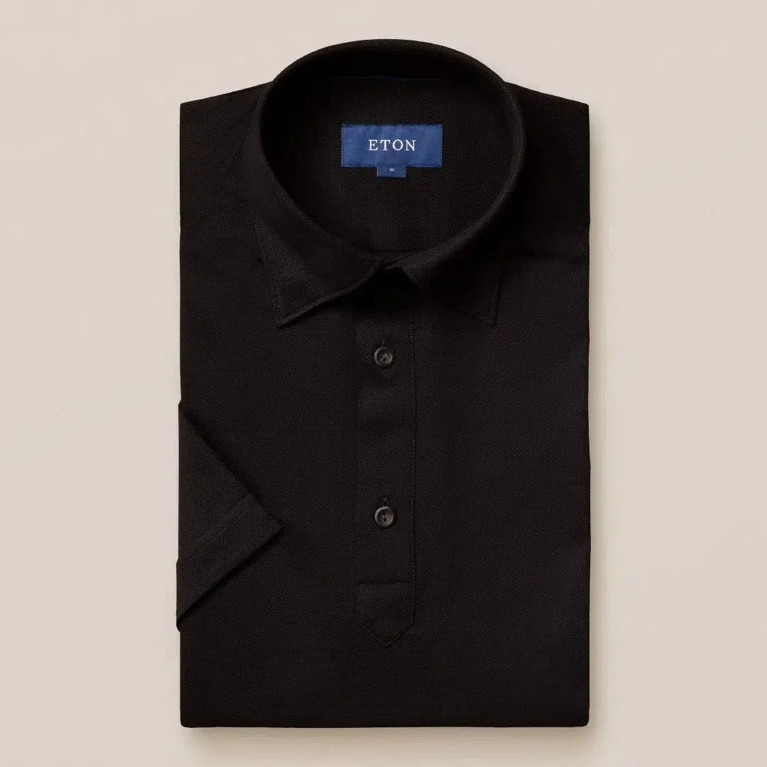 Slim Fit Black Knitted Short Sleeve Shirt-MALFORD OF LONDON SAVILE ROW MENSWEAR OUTLET