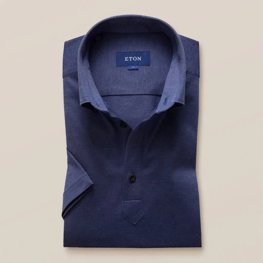 Slim Fit Dark Blue Knitted Short Sleeve Shirt-MALFORD OF LONDON SAVILE ROW MENSWEAR OUTLET