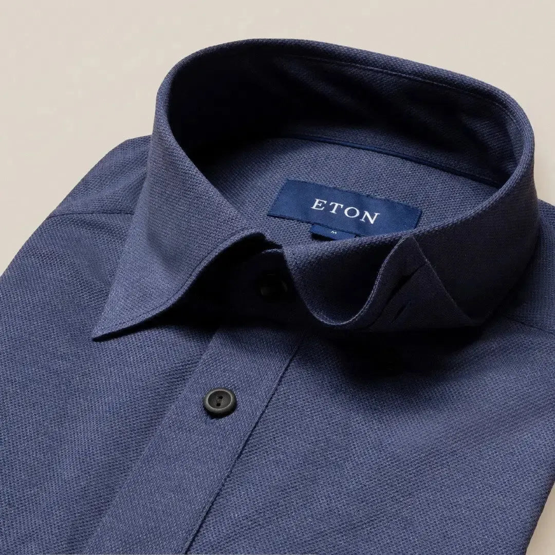 Slim Fit Dark Blue Knitted Short Sleeve Shirt-MALFORD OF LONDON SAVILE ROW MENSWEAR OUTLET