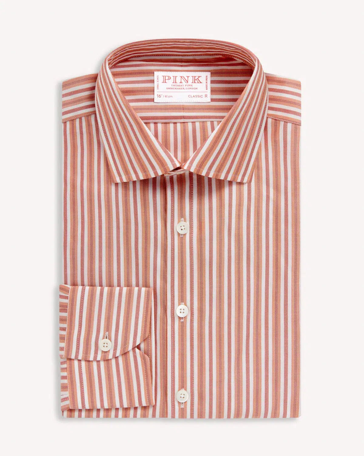 Thomas Pink Classic Fit Formal Panama Stripe Cotton Shirt Orange Multi