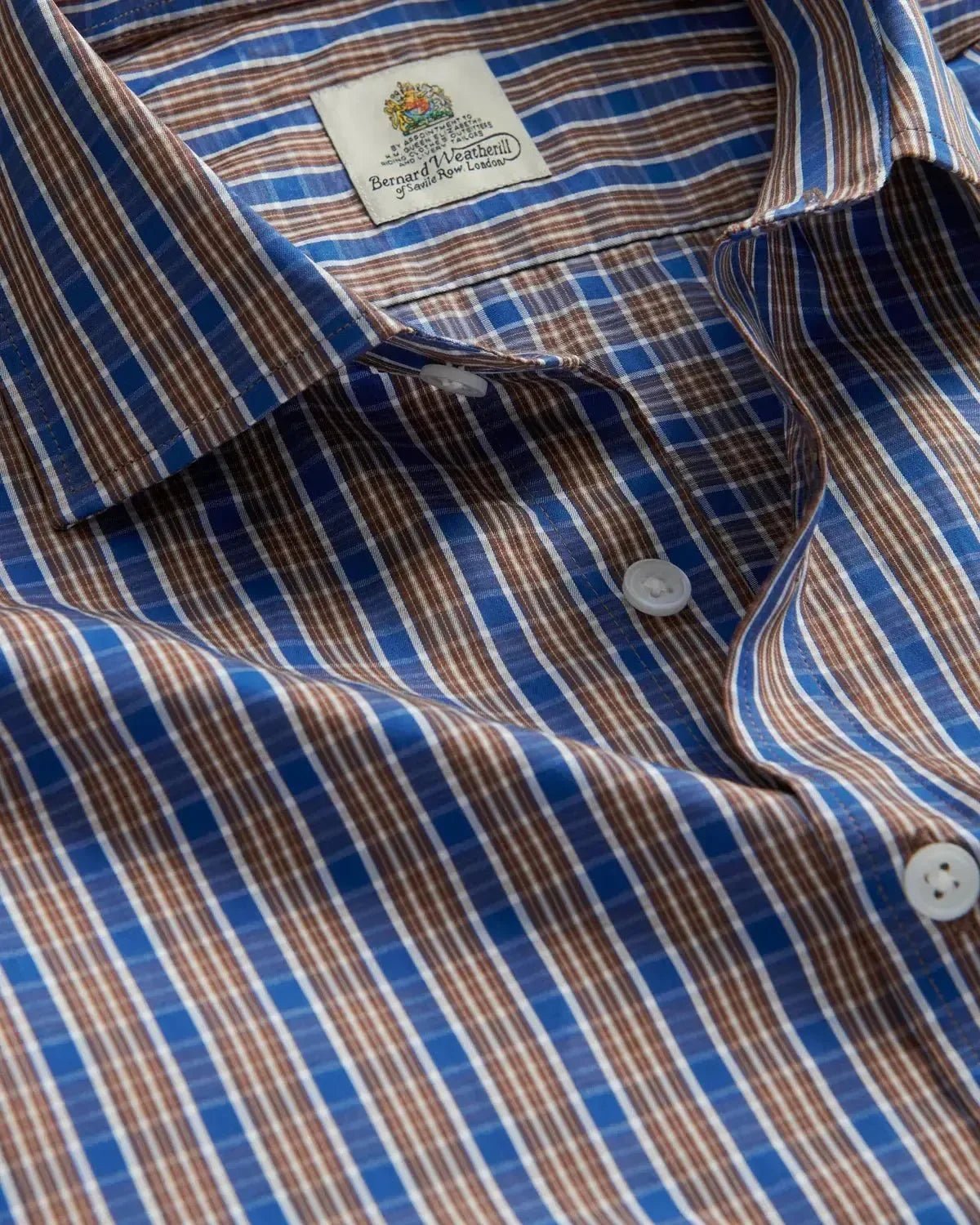 Bernard Weatherill Check Semi Cutaway Poplin Shirt Blue Brown - Malford_of_London_Tailoring_Archive