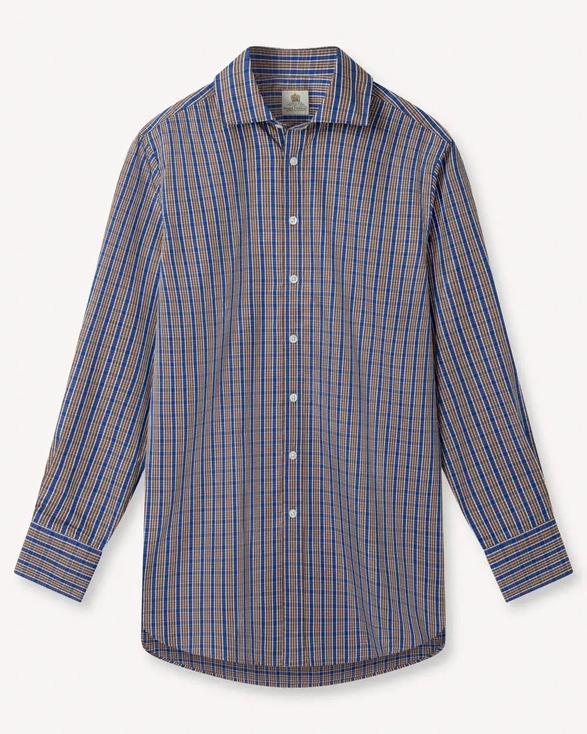 Bernard Weatherill Check Semi Cutaway Poplin Shirt Blue Brown - Malford_of_London_Tailoring_Archive