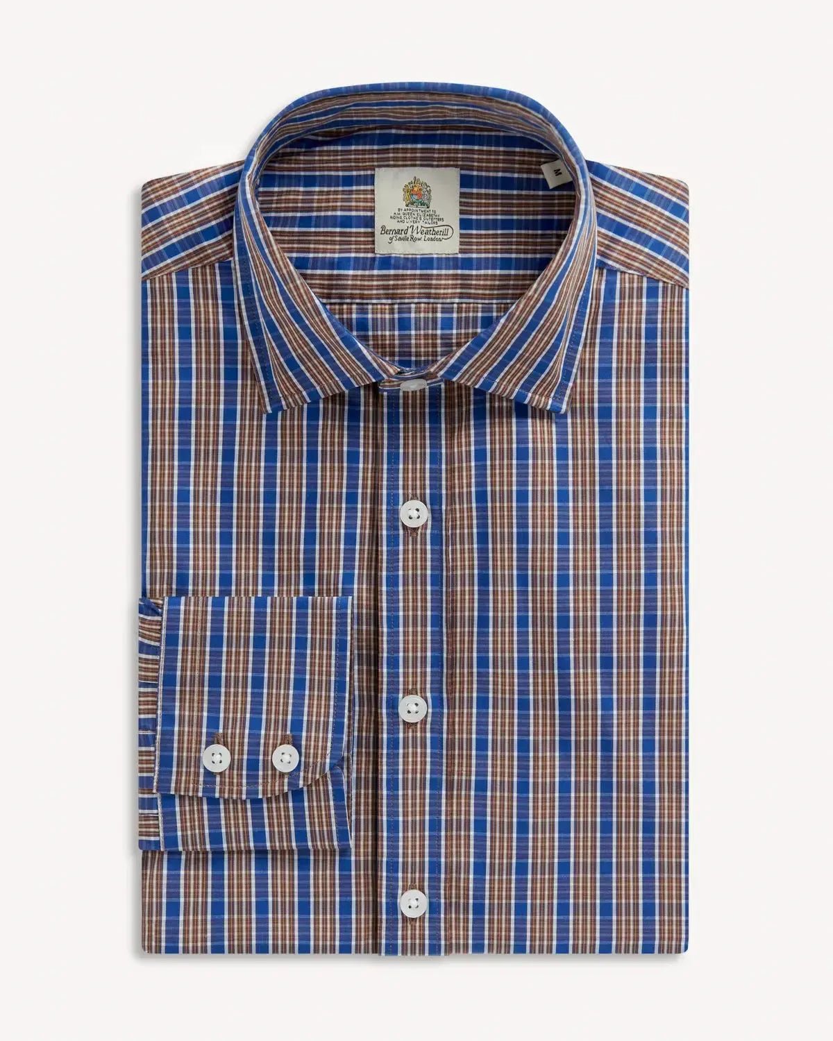 Bernard Weatherill Check Semi - Cutaway Poplin Shirt Blue Brown - Savile Row Formalwear Outlet - Malford of London
