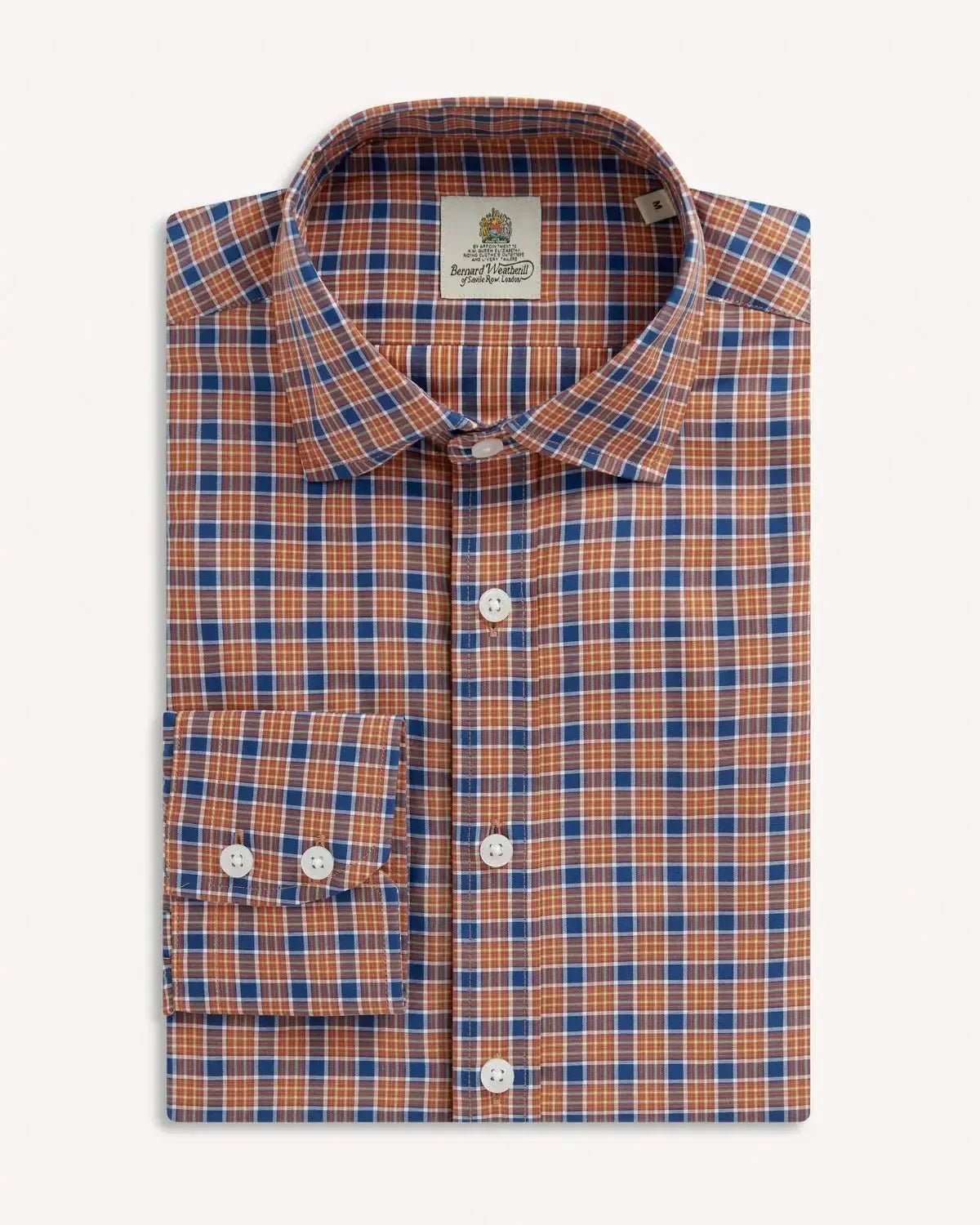 Bernard Weatherill Multi Check Semi Cutaway Poplin Shirt Orange Blue - Malford_of_London_Tailoring_Archive