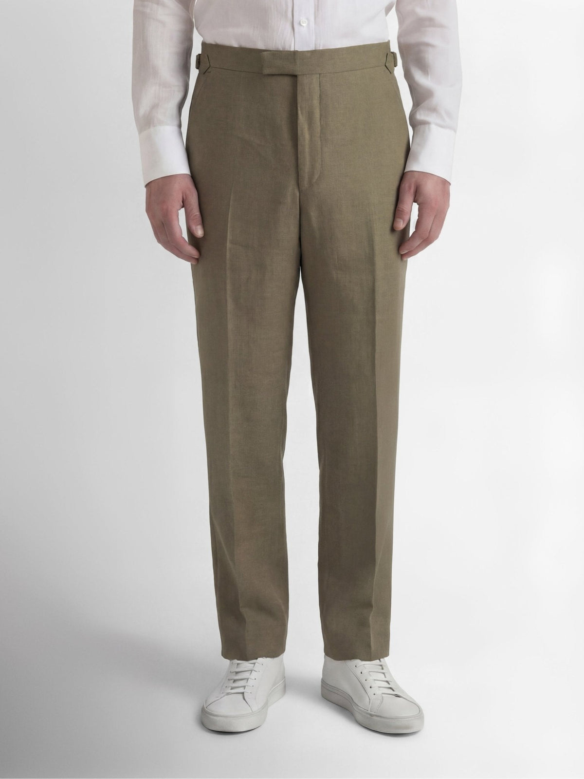 Richard James London Air Pure Linen Flat Fronted Tailored Trousers Khaki – Savile Row Menswear Outlet | Malford of London