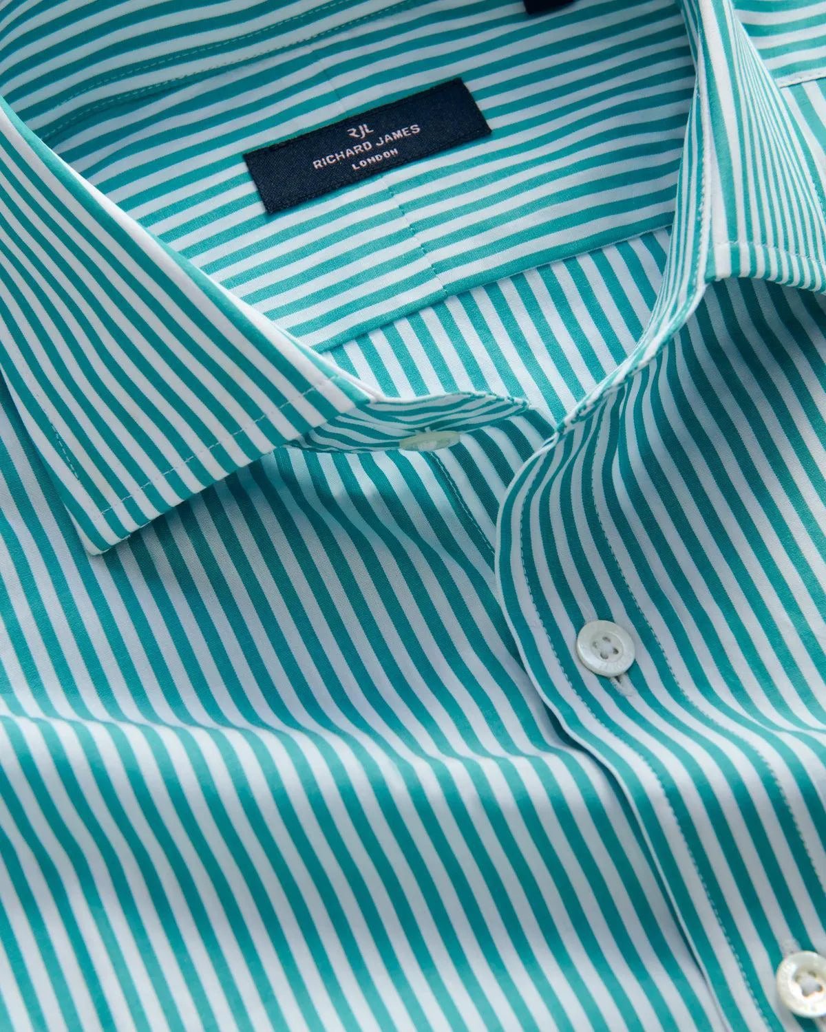 Richard James London Bold Stripe Poplin Green Stripe Shirt - Malford_of_London_Tailoring_Archive