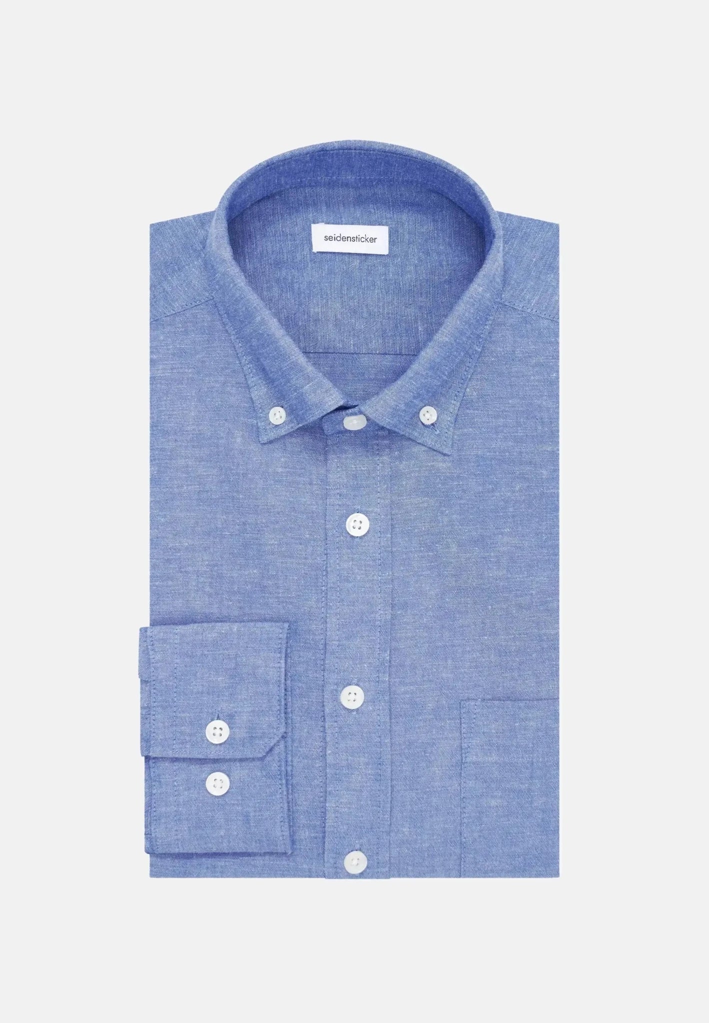 Seidensticker Regular Fit Button Down Linen Blend Chambray Shirt Mid Blue – Tailored Menswear | Malford of London