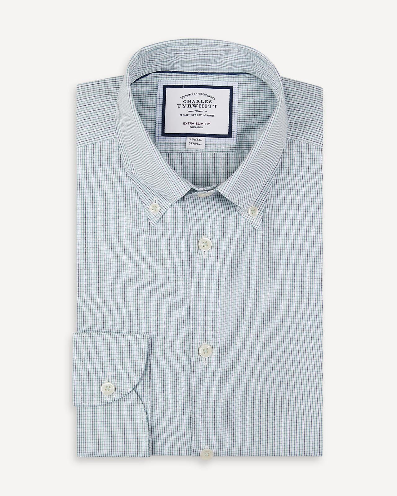 Extra Slim Fit Pale Teal Green Button-Down Check Shirt