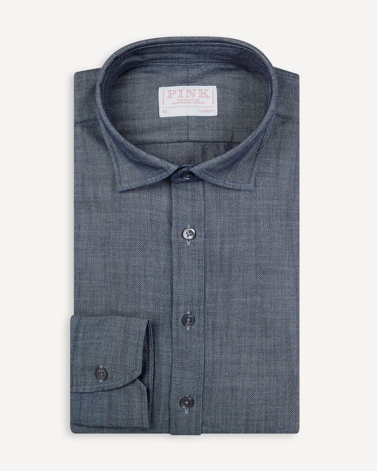 Thomas Pink Classic Fit Herringbone Smart Casual Shirt Indigo