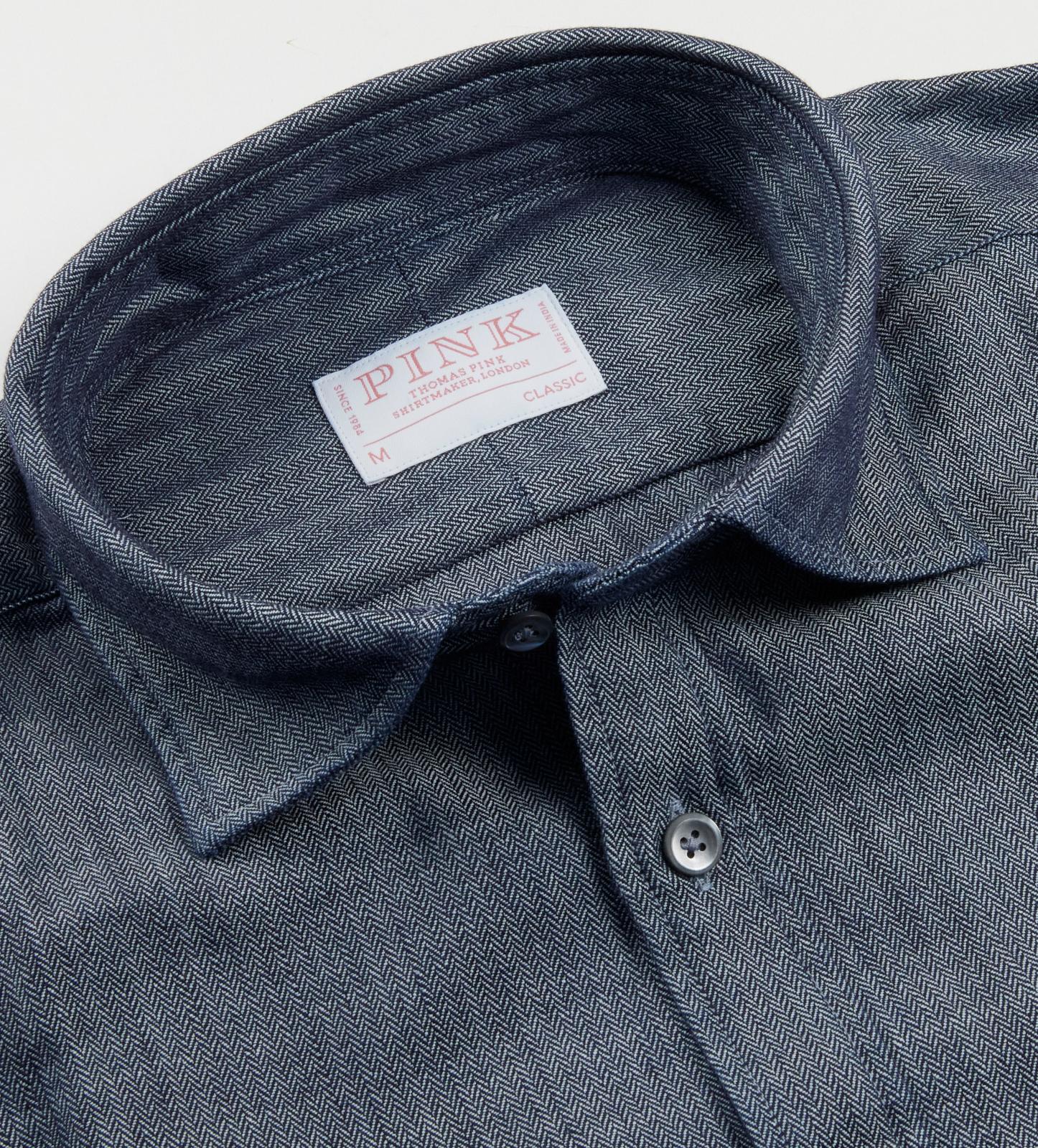 Thomas Pink Classic Fit Herringbone Smart Casual Shirt Indigo