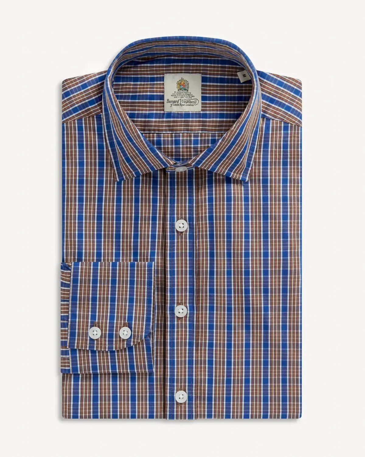 BERNARD WEATHERILL Check Semi-Cutaway Poplin Shirt Blue/Brown-MALFORD OF LONDON SAVILE ROW MENSWEAR OUTLET