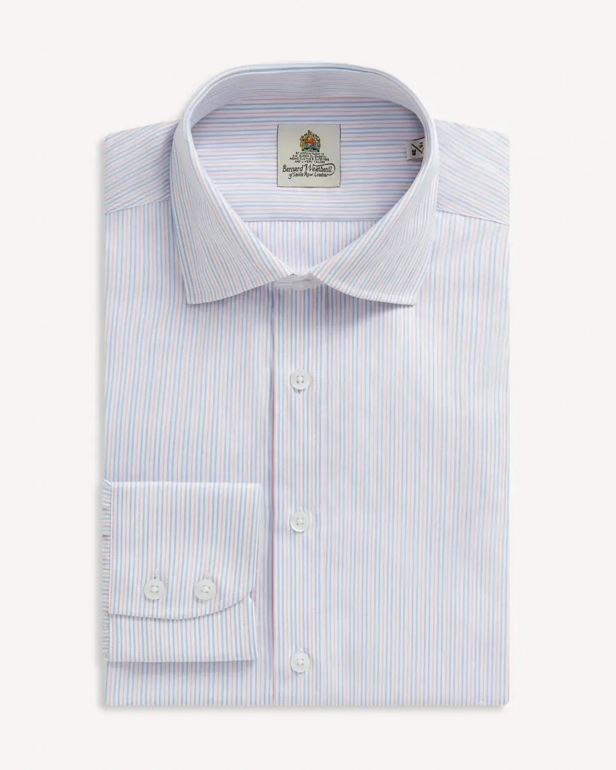 BERNARD WEATHERILL City Stripe Semi-Cutaway Shirt White/Blue/Pink-MALFORD OF LONDON SAVILE ROW MENSWEAR OUTLET