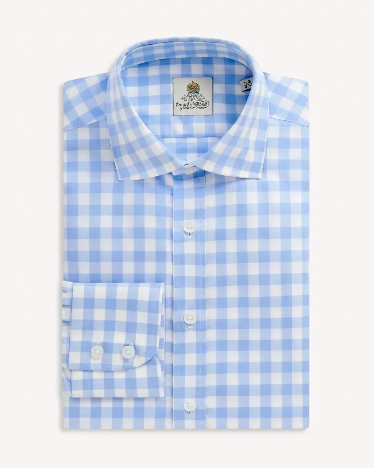 BERNARD WEATHERILL Large Gingham Check Semi-Cutaway Shirt Sky/White-MALFORD OF LONDON SAVILE ROW MENSWEAR OUTLET