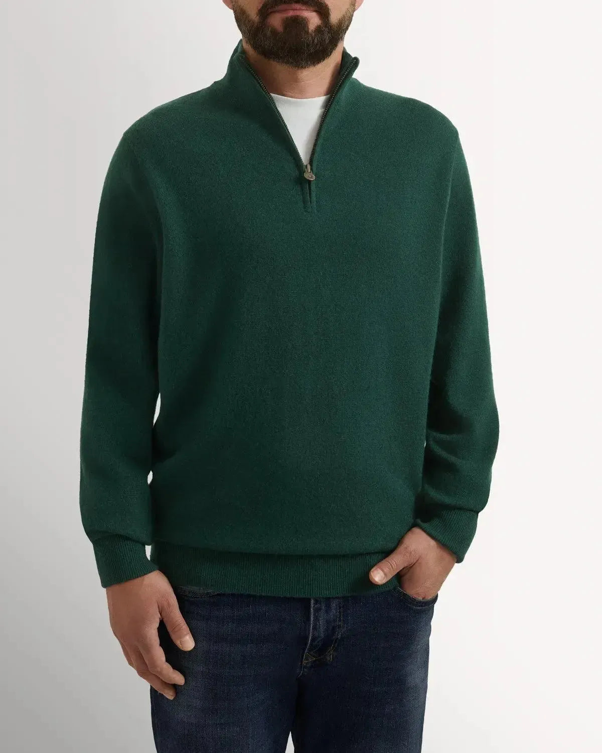 BW 1/4 Zip Cashmere Mix Forest-MALFORD OF LONDON SAVILE ROW MENSWEAR OUTLET