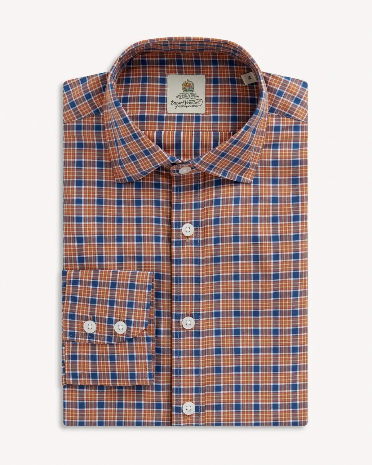 Bernard Weatherill Multi Check Semi-Cutaway Poplin Shirt Orange Blue-MALFORD OF LONDON SAVILE ROW MENSWEAR OUTLET