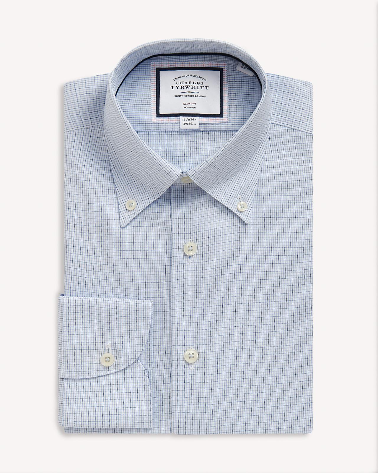 Charles Tyrwhitt BD Slim Fit Check Shirt Sky Blue-MALFORD OF LONDON SAVILE ROW MENSWEAR OUTLET