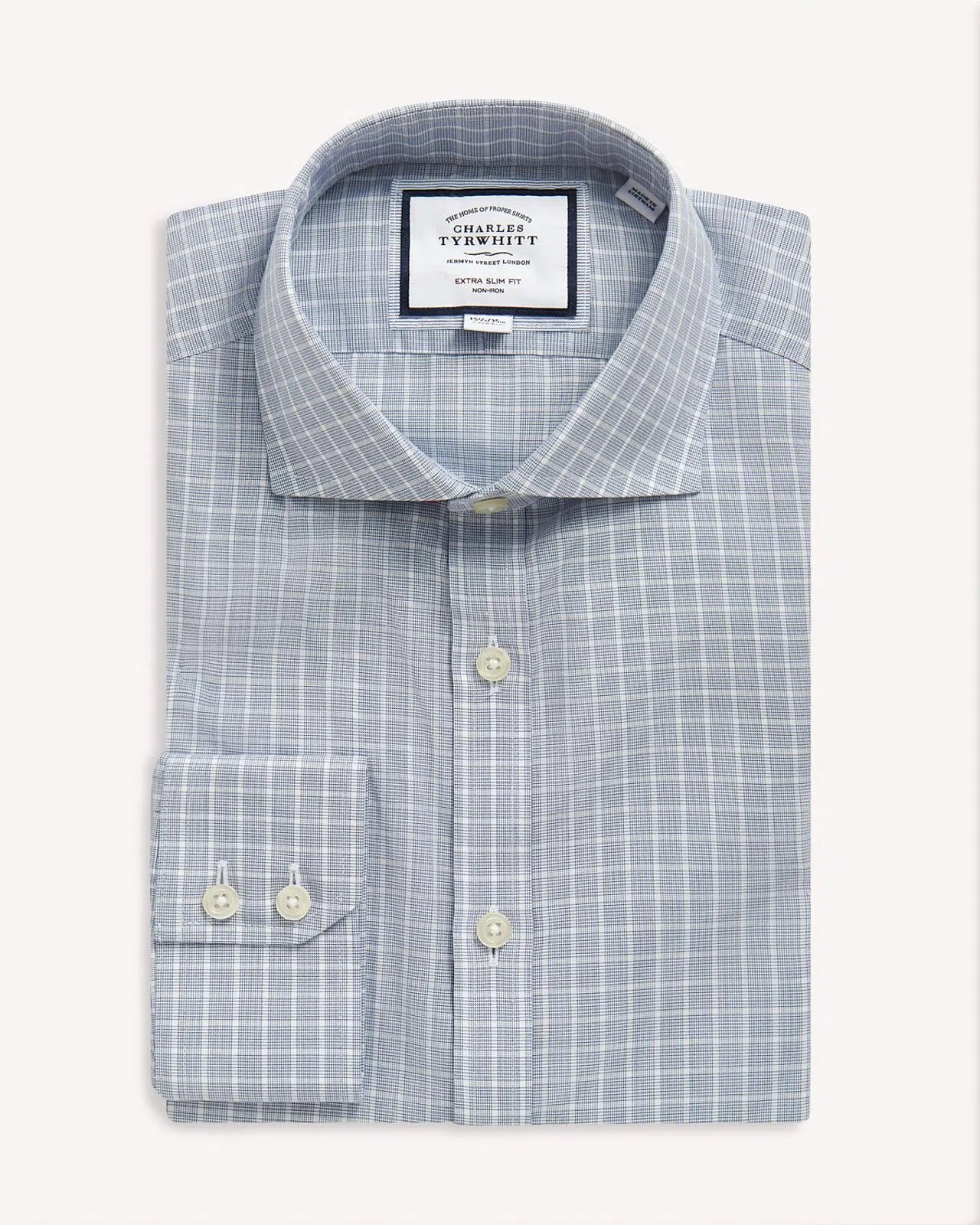 Charles Tyrwhitt Extra Slim Fit Poplin Fine Line Check Shirt Petrol Blue-MALFORD OF LONDON SAVILE ROW MENSWEAR OUTLET