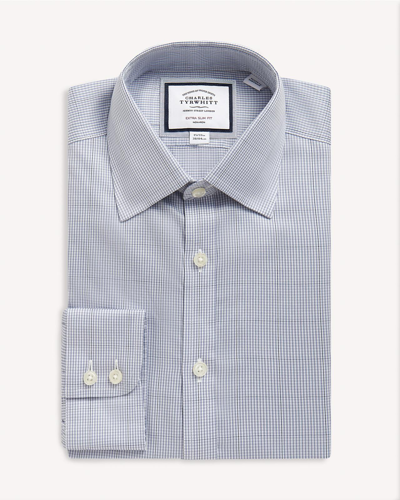 Charles Tyrwhitt Extra Slim Fit Twill Puppytooth Shirt Steel Blue-MALFORD OF LONDON SAVILE ROW MENSWEAR OUTLET