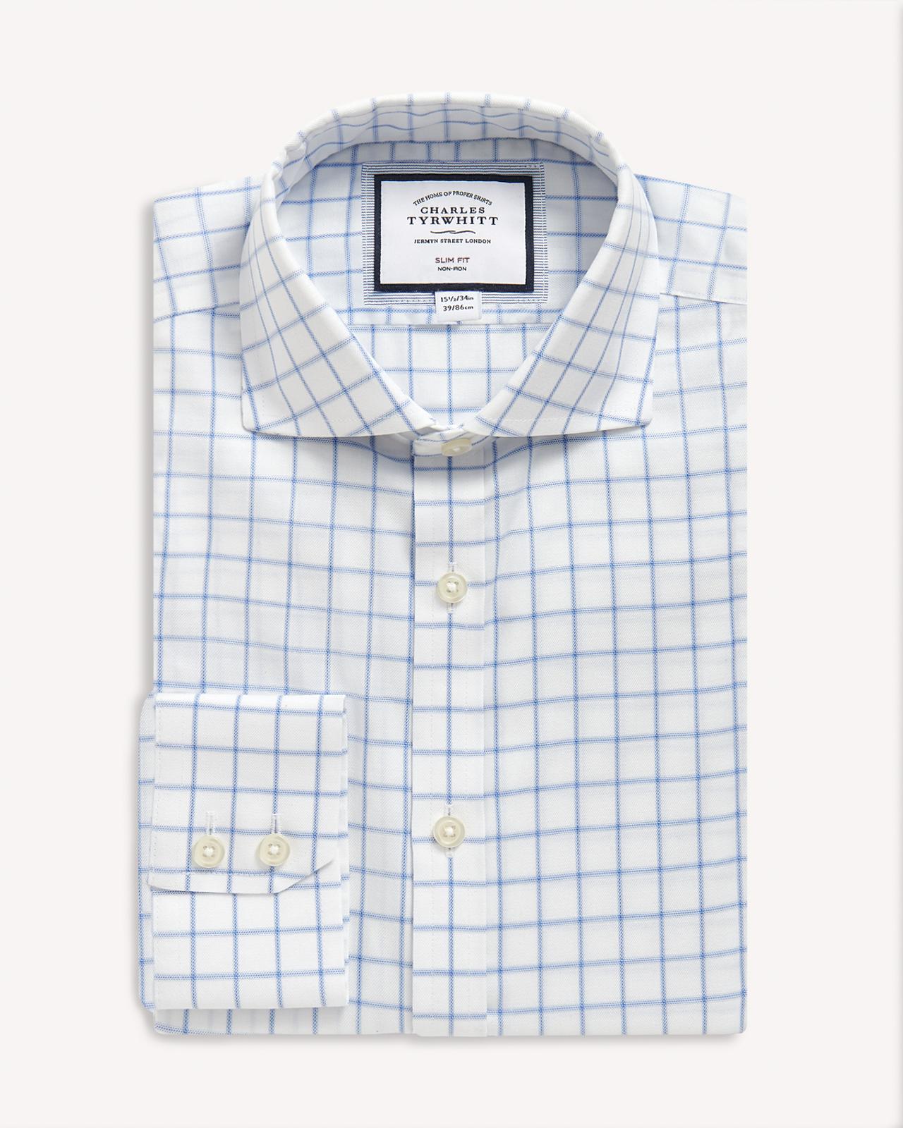 Charles Tyrwhitt Slim Fit Twill Grid Check Shirt Cornflower Blue-MALFORD OF LONDON SAVILE ROW MENSWEAR OUTLET