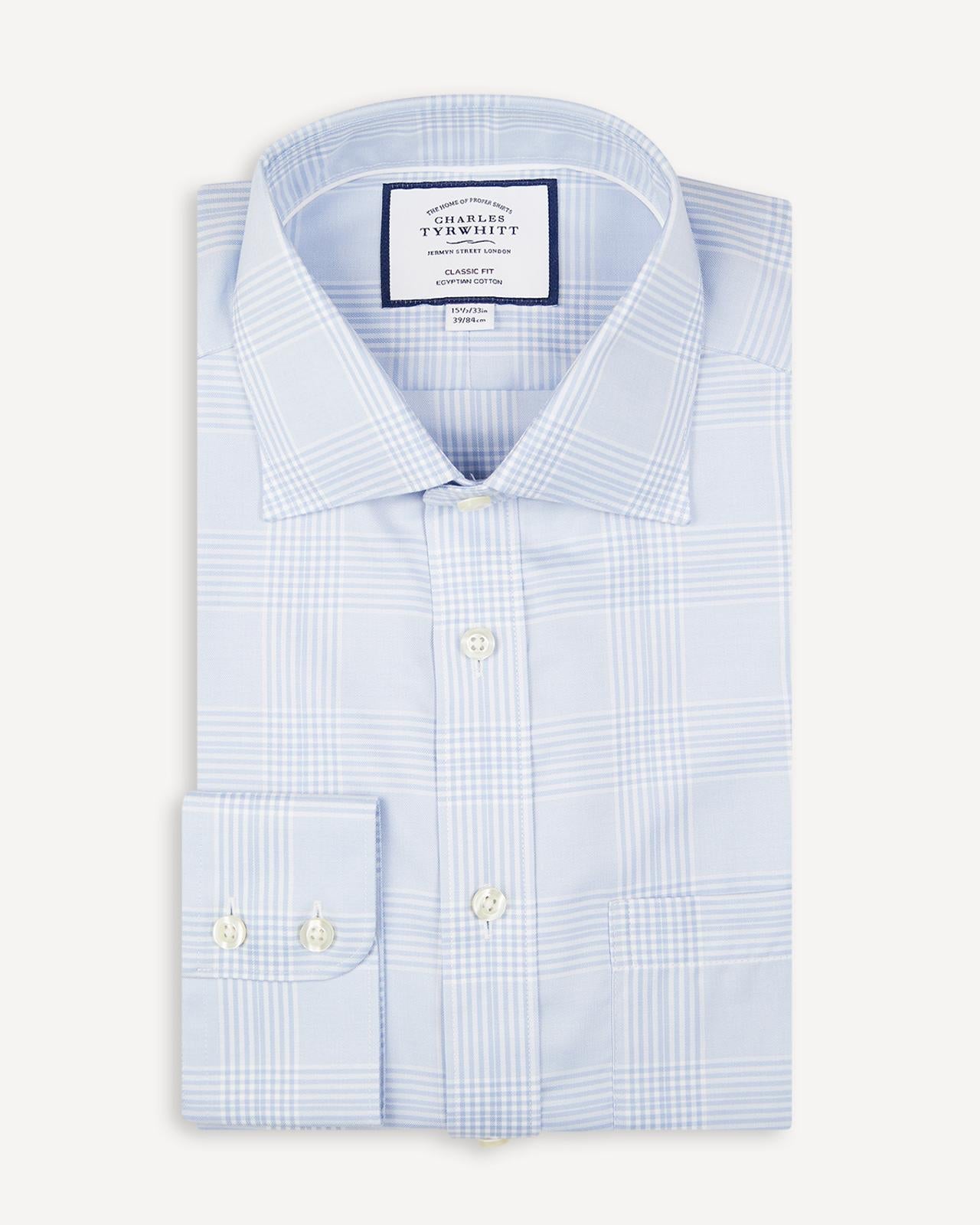 Classic Fit Sky Blue Twill Prince of Wales Check Shirt-MALFORD OF LONDON SAVILE ROW MENSWEAR OUTLET