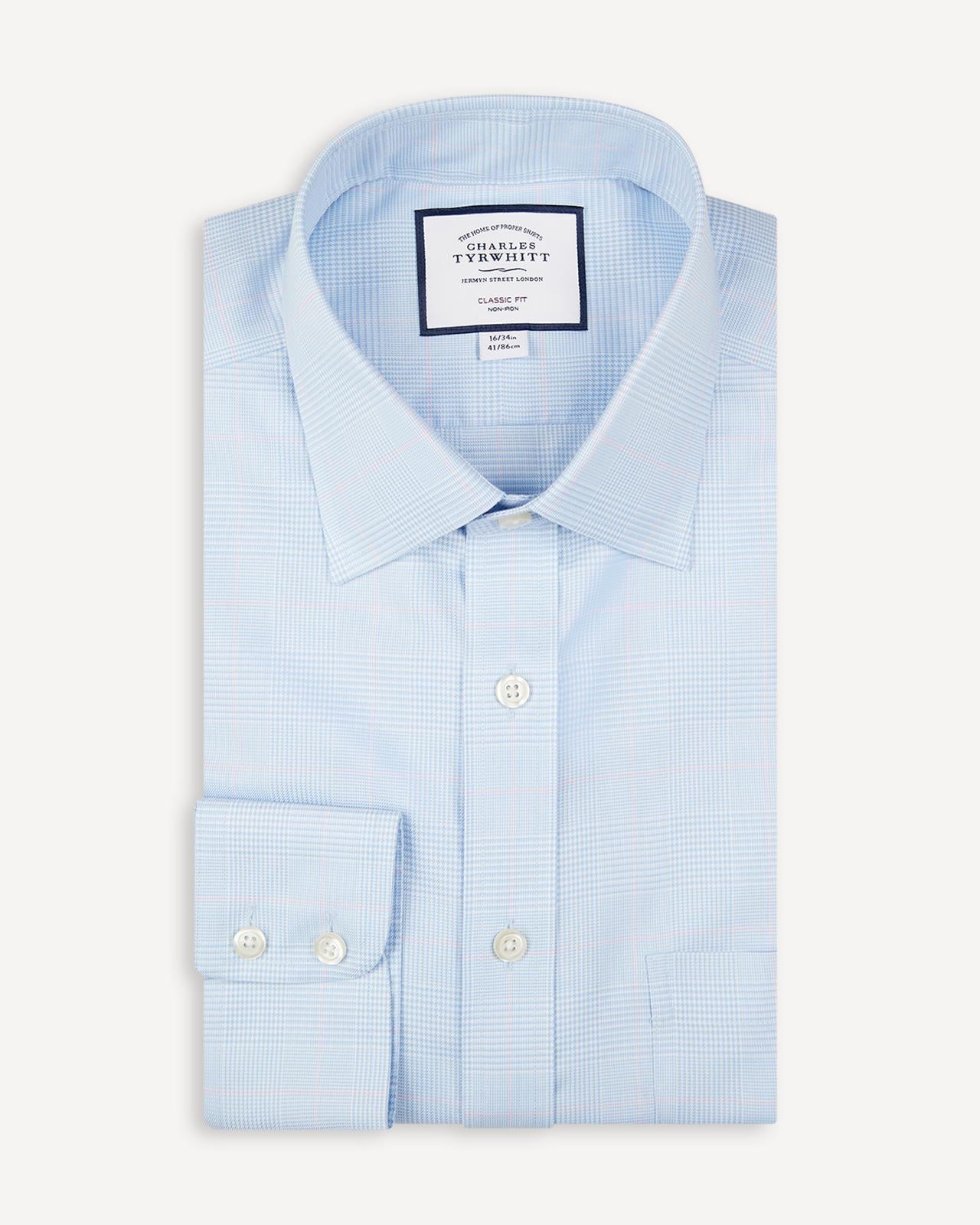 Classic Fit Sky & Pink Prince of Wales Check Shirt-MALFORD OF LONDON SAVILE ROW MENSWEAR OUTLET