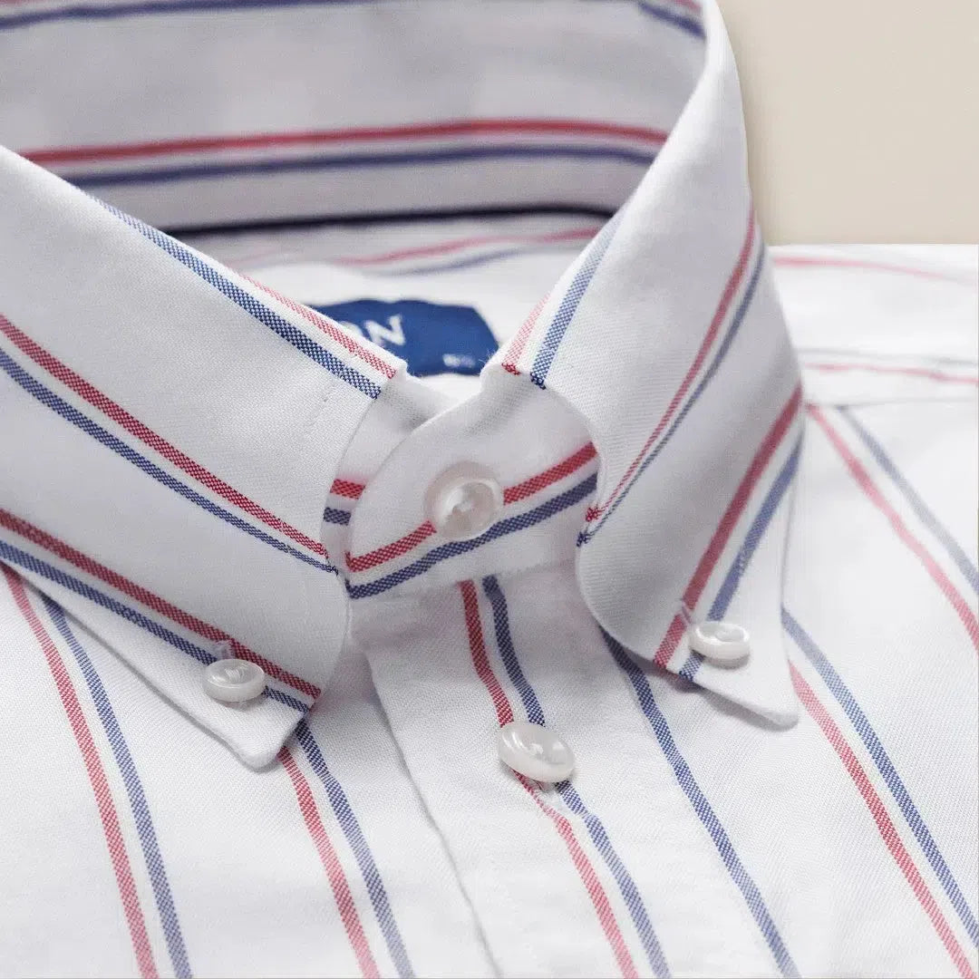 Contemporary Fit White Red Blue Striped Shirt-MALFORD OF LONDON SAVILE ROW MENSWEAR OUTLET