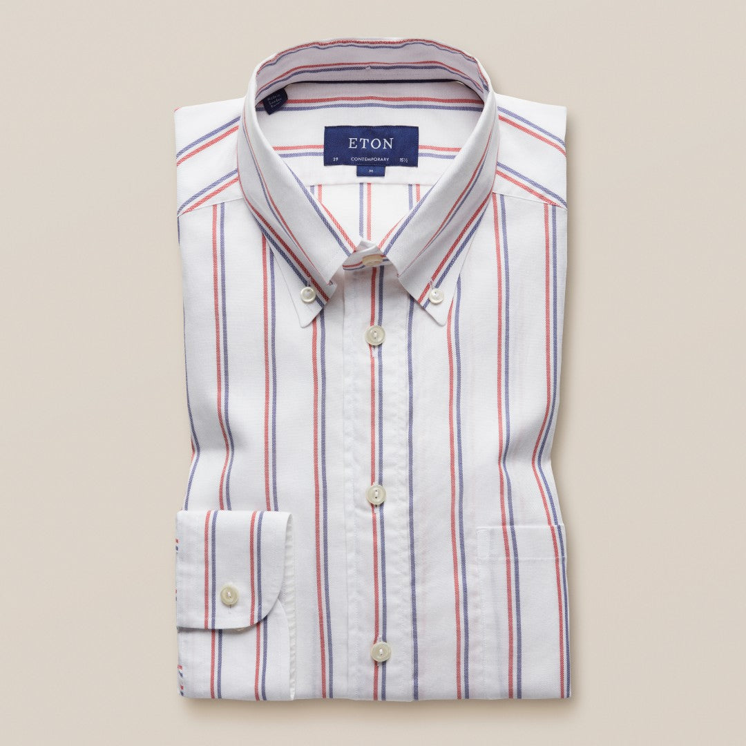 Contemporary Fit White Red Blue Striped Shirt-MALFORD OF LONDON SAVILE ROW MENSWEAR OUTLET