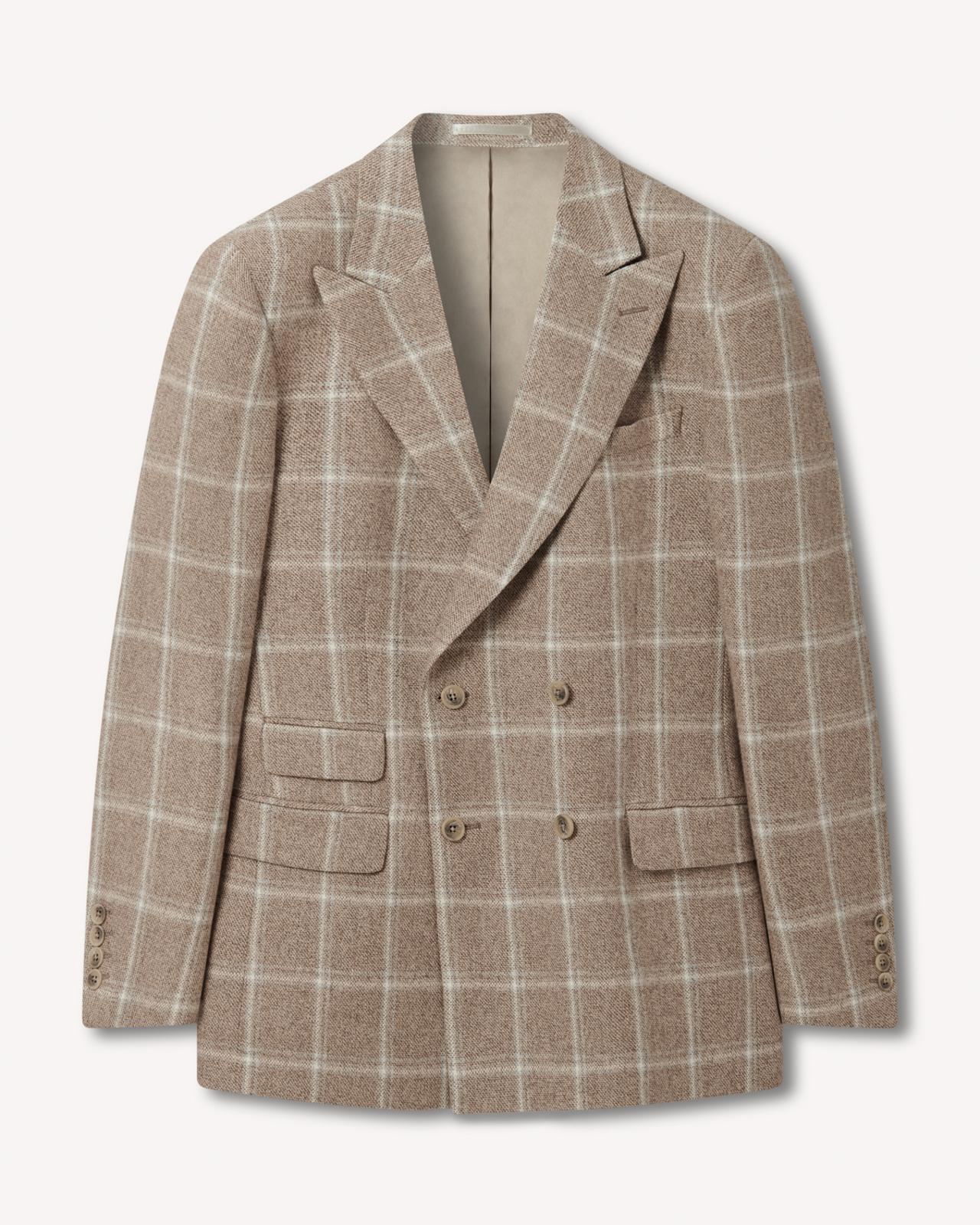 Double Breasted Large Window Check Jacket Biege / Cream-MALFORD OF LONDON SAVILE ROW MENSWEAR OUTLET