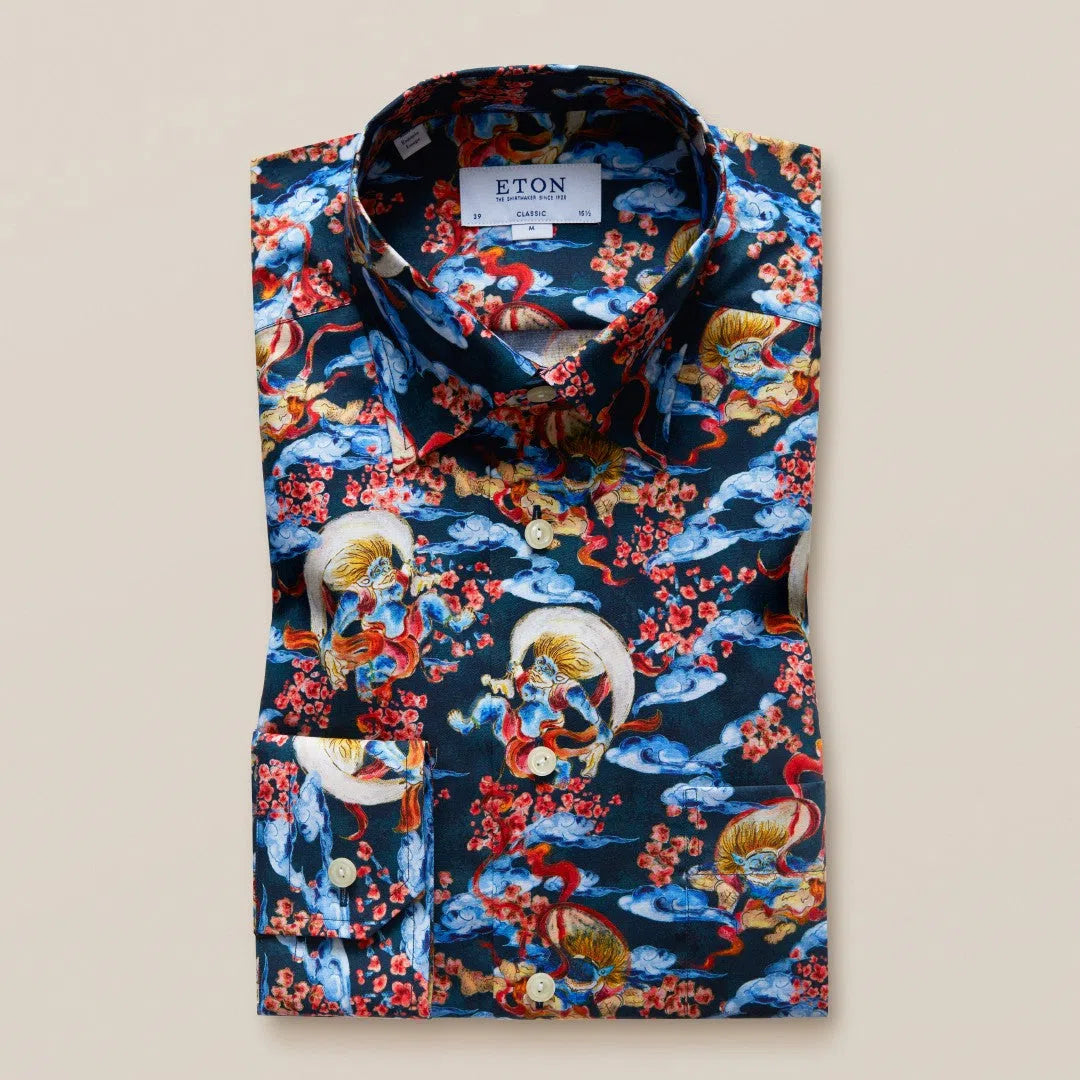 ETON Classic Fit Japanese Art Print Shirt Navy Blue-MALFORD OF LONDON SAVILE ROW MENSWEAR OUTLET